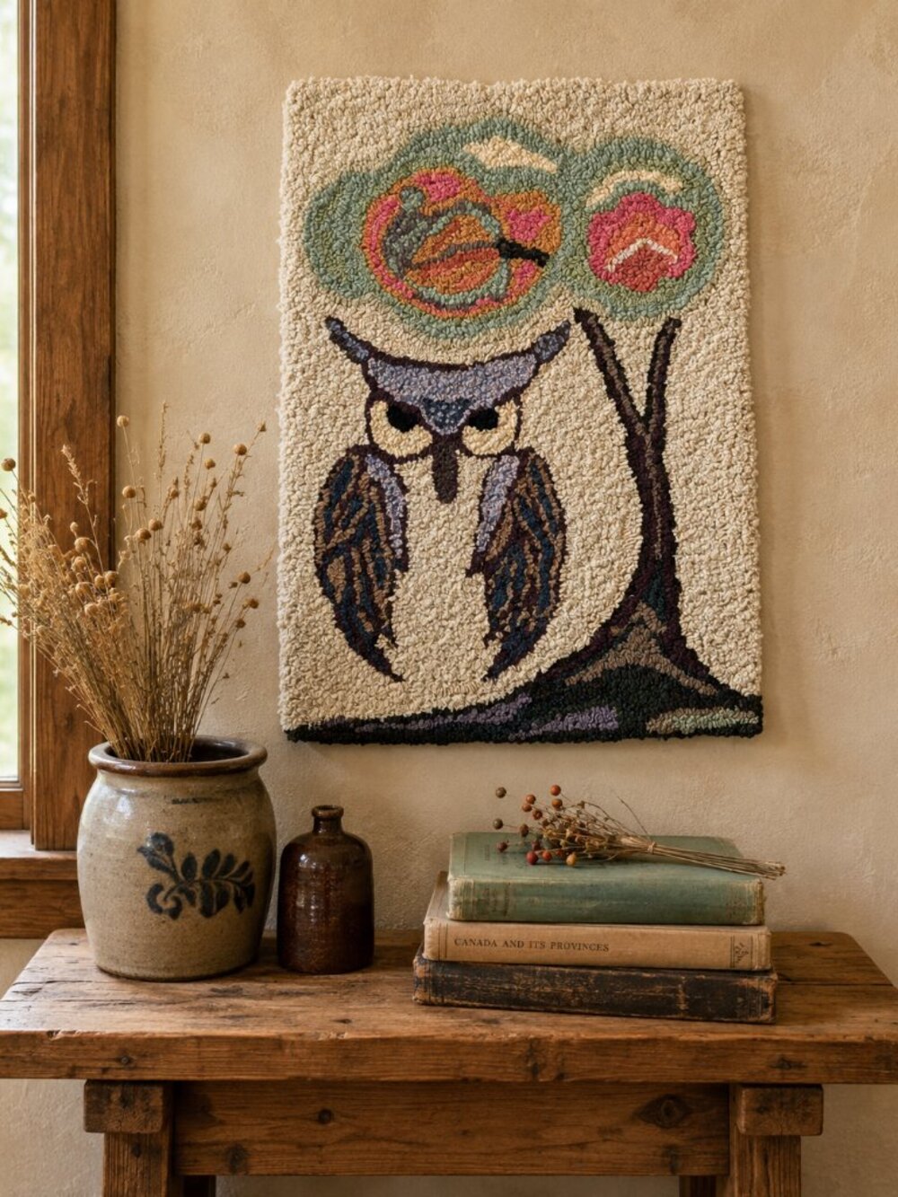 Vintage 1960s Freehand Wool Hooked Rug Owl Primitive Canadiana Folk Art 16.5x25